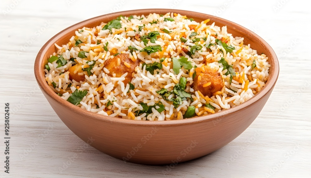 Tempting Biryani Dish Served in Rustic Ceramic Bowl on White Background Tempting Biryani Dish Served in Rustic Ceramic Bowl on White Background
