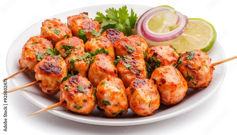 Malai Kofta Dish with Lemon Garnish and Skewers on a White Plate Malai Kofta Dish with Lemon Garnish and Skewers on a White Plate