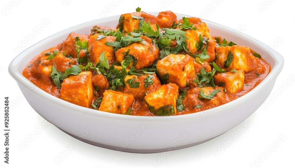 Freshly Prepared Paneer Masala Curry Dish Served in a Bowl on a White Background Freshly Prepared Paneer Masala Curry Dish Served in a Bowl on a White Background