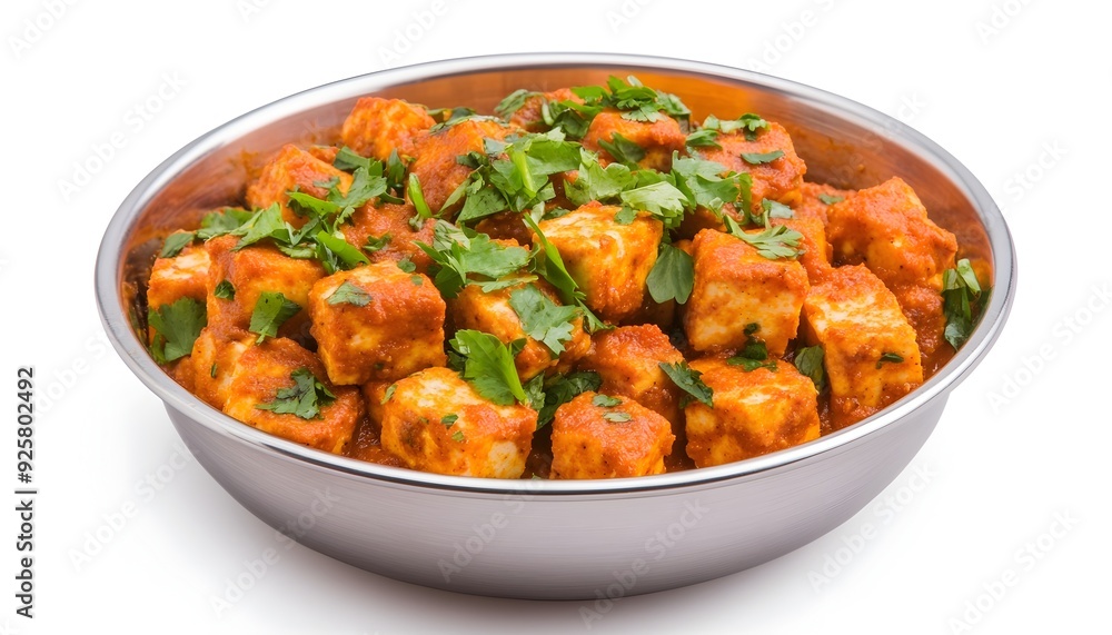 Appetizing Paneer Masala Curry Dish Served on Tray Against White Background Appetizing Paneer Masala Curry Dish Served on Tray Against White Background