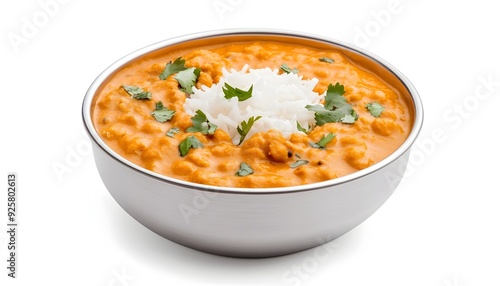 Creamy Lentil Curry Dish Served in Bowl with Rice and Garnish