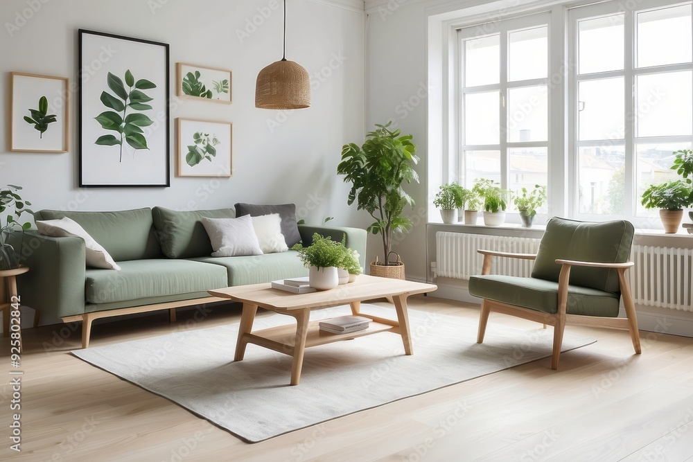 Modern Living Room Interior with Green Sofa, Armchair, and Plants Modern Living Room Interior with Green Sofa, Armchair, and Plants
