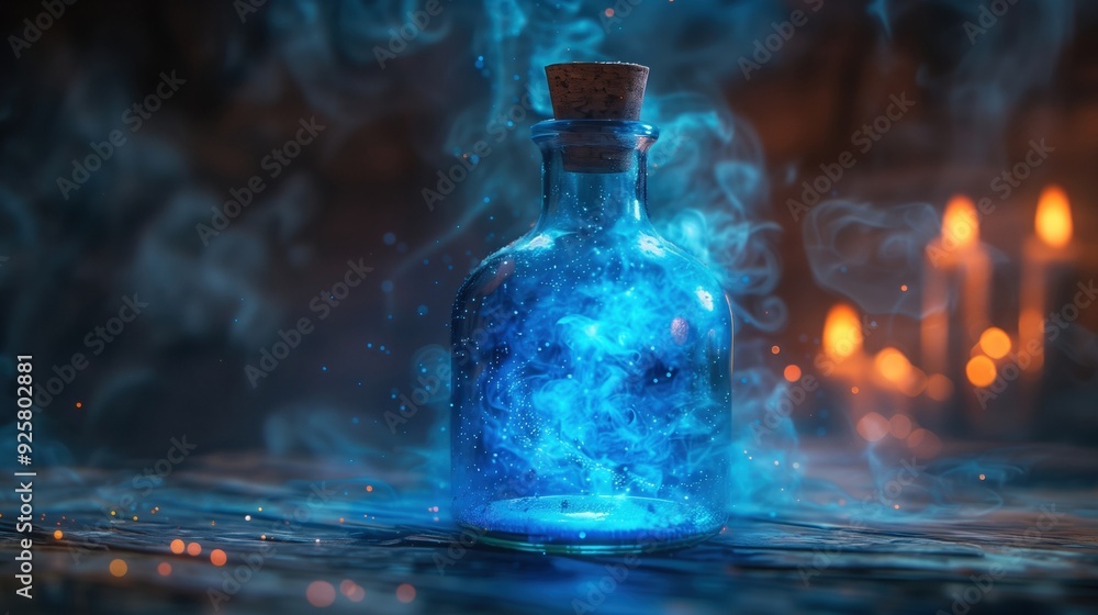 Mystical Glowing Blue Potion Bottle in Atmospheric Fantasy Scene Mystical Glowing Blue Potion Bottle in Atmospheric Fantasy Scene