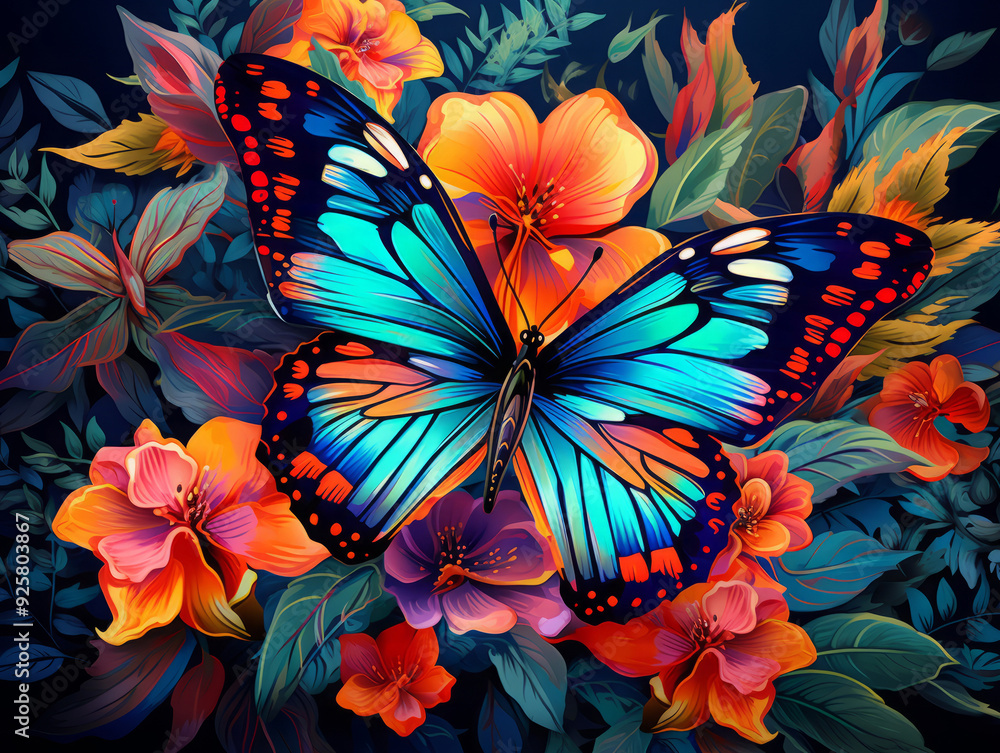 Attractive Summer background with colorful flowers and butterflies