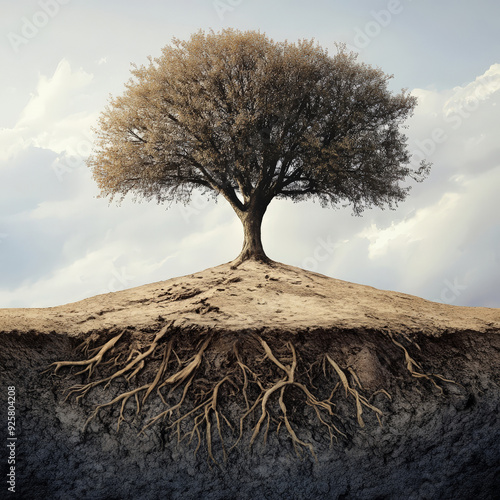 Majestic tree with extensive root system exposed, illustrating strength and foundation against a serene sky background. photo