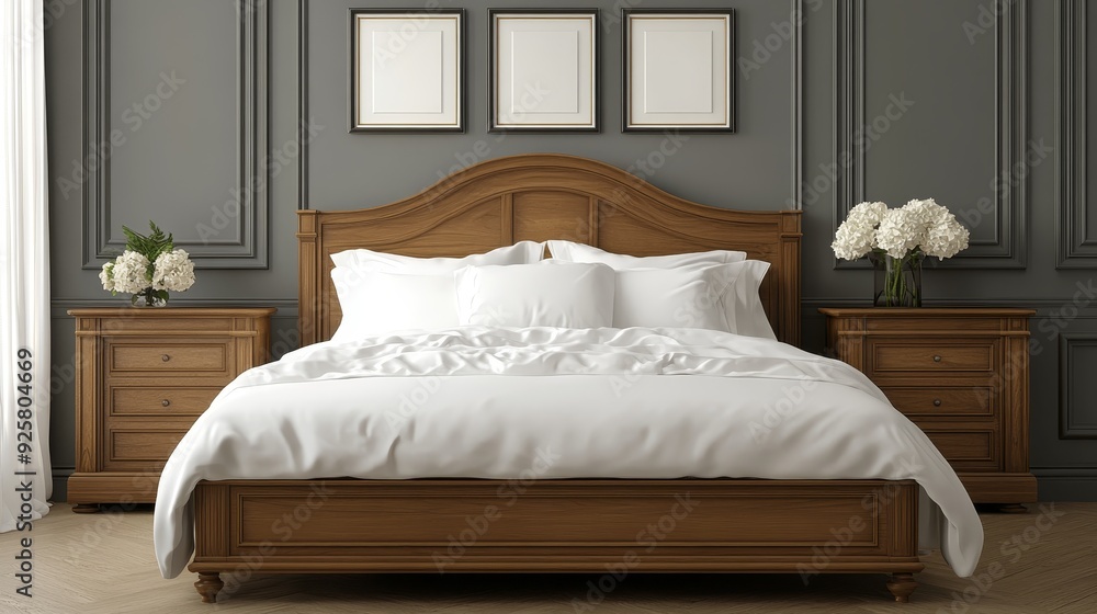 Classic Bedroom with Wooden Bed Frame, White Bedding, and Floral Touches in a Gray Paneled Room Classic Bedroom with Wooden Bed Frame, White Bedding, and Floral Touches in a Gray Paneled Room