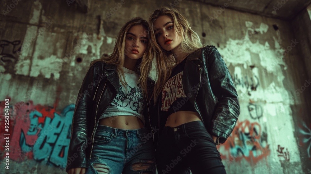 Two Cool Women in Leather Jackets Posing In Front of Graffiti Wall Two Cool Women in Leather Jackets Posing In Front of Graffiti Wall