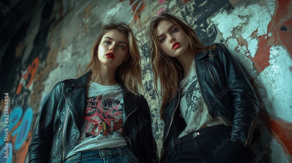 Two Young Women Posing in Front of Graffiti Wall Two Young Women Posing in Front of Graffiti Wall