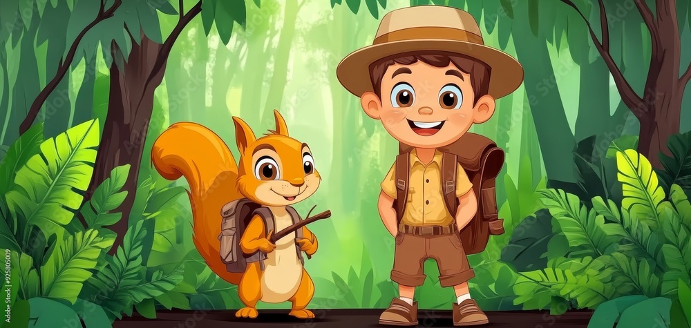Fototapeta premium Curious Explorer A Boy and Squirrel on a Jungle Adventure - Lush Green Foliage, Backpacks and a Stick