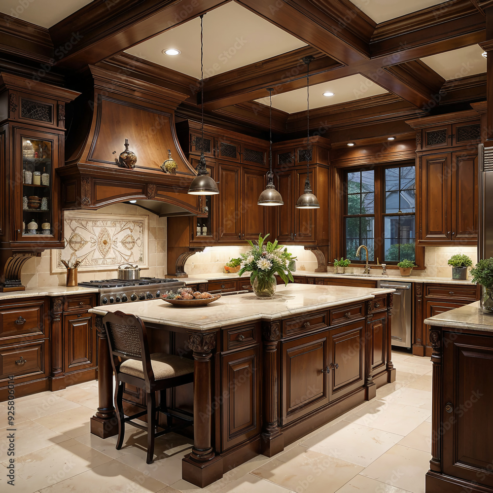 Traditional luxury kitchen with dark wood cabinetry and elegant marble countertops Traditional luxury kitchen with dark wood cabinetry and elegant marble countertops