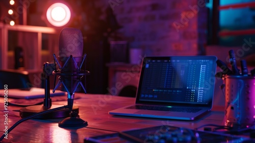 Home studio podcast interior. Microphone, laptop and on air lamp on the table, close-up