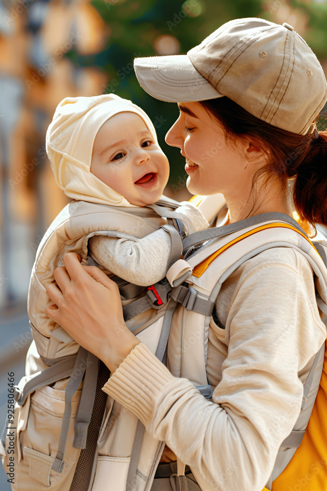 Obraz premium A happy mother wearing an olive green baseball cap and cozy clothing smiles while holding her baby in a comfortable sling carrier. The baby, warmly dressed, looks content and safe.