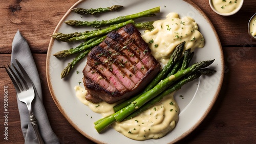 A classic american steak with mashed potatoes grilled asparagus and barnaise sauce on a wooden table, Ai Generated photo