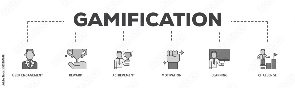 Gamification icon infographic illustration concept with icon of user engagement, reward, achievement, motivation, learning, and challenge icon live stroke and easy to edit Gamification icon infographic illustration concept with icon of user engagement, reward, achievement, motivation, learning, and challenge icon live stroke and easy to edit