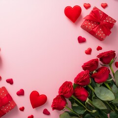 Valentine's day frame with love gifts, coffee, bouquet of red roses on white background. Romantic greeting card for dating. View from above. Copy space.