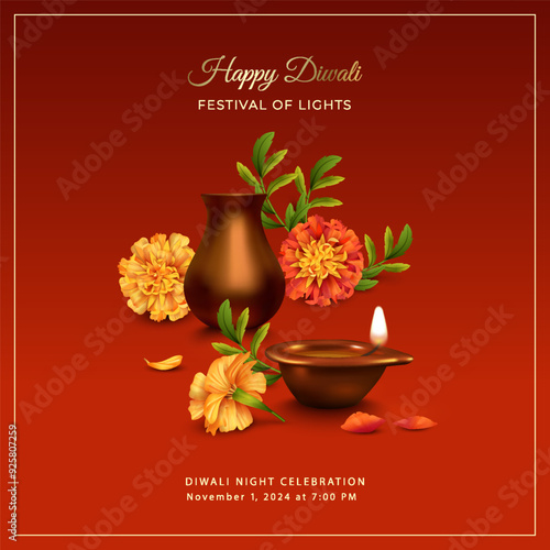 Diwali Festival Banner. Traditional Indian background with diya lamp, marigold flowers and traditional copper Indian vase