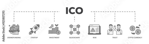 ICO icon infographic illustration concept with icon of crowdfunding, startup, investment, blockchain, risk, trust and cypto currency icon live stroke and easy to edit 
