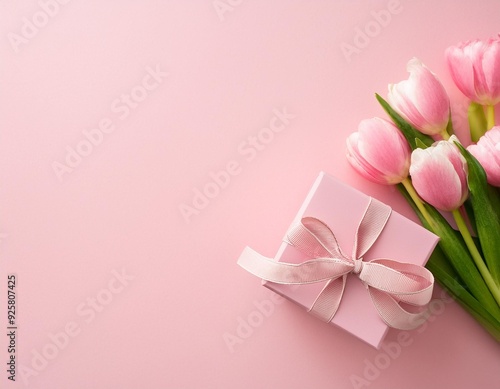 A romantic tableau for Valentine's Day: gift box, gypsophila, confetti, date invitation envelope, and hearts on sticks. Top view on a pastel pink