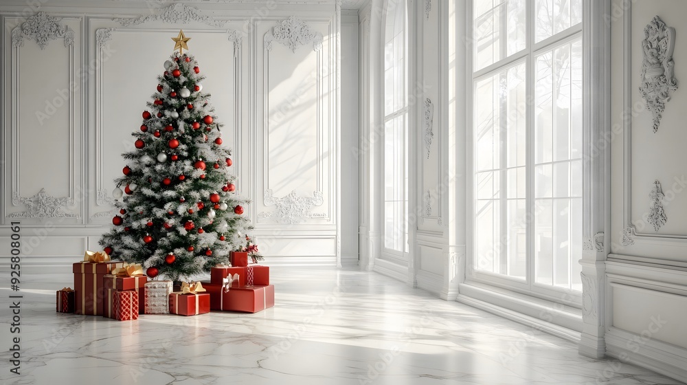 Elegant Christmas Tree with Presents in a White Hall Background Elegant Christmas Tree with Presents in a White Hall Background