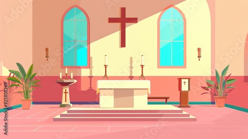 Wallpaper Mural Modern church interior with large windows, cross, altar, and pla Torontodigital.ca