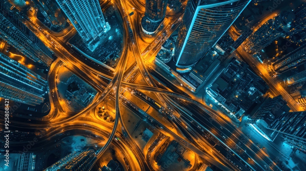 Aerial View of a City Intersection at Night Aerial View of a City Intersection at Night