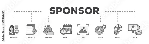 Sponsor icon infographic illustration concept with icon of film, sport, event, music, art, benefit, project, support icon live stroke and easy to edit 
