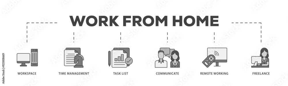 Work from home icon infographic illustration concept with icon of workspace, time management, task list, communicate, remote working and freelance icon live stroke and easy to edit Work from home icon infographic illustration concept with icon of workspace, time management, task list, communicate, remote working and freelance icon live stroke and easy to edit