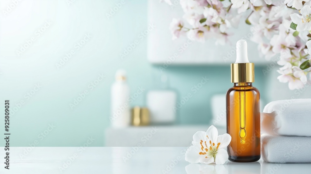 Serene Spa Setting with Essential Oil and Blossoms Serene Spa Setting with Essential Oil and Blossoms