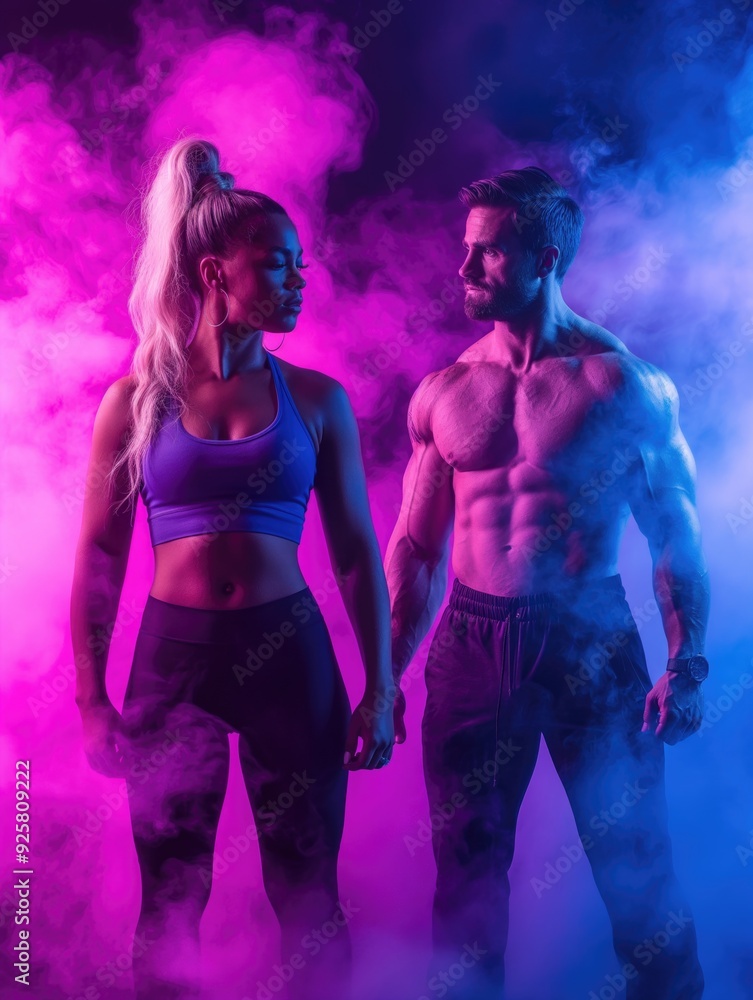 Sculpted Bodies and Colorful Lights: A Power Couple's Fitness Portrait Sculpted Bodies and Colorful Lights: A Power Couple's Fitness Portrait