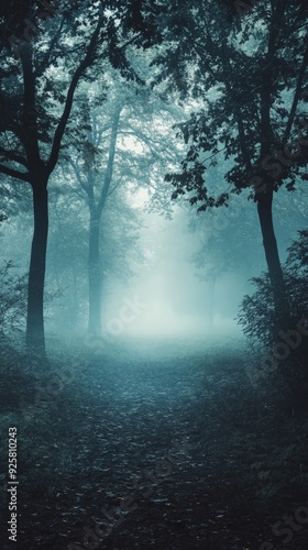 Ethereal misty forest path surrounded by tall trees during dawn, creating a mysterious and enchanting atmosphere.