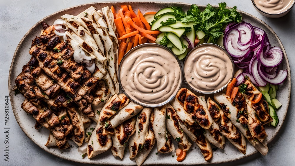 A platter of middle eastern shawarma with garlic sauce tahini and pickled vegetables, AI Generated A platter of middle eastern shawarma with garlic sauce tahini and pickled vegetables, AI Generated