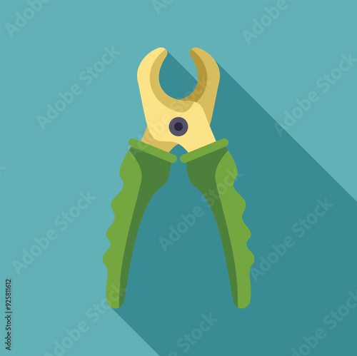 Green and yellow pet nail clipper on blue background with long shadow