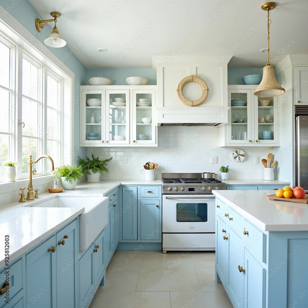 Fototapeta premium Fresh Blue and White Farmhouse Kitchen with Rustic Accents