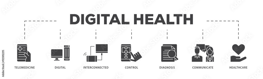 Digital health icon infographic illustration concept with icon of e health, telemedicine, interconnected, smartwatch, diagnosis, email, and medical app icon live stroke and easy to edit Digital health icon infographic illustration concept with icon of e health, telemedicine, interconnected, smartwatch, diagnosis, email, and medical app icon live stroke and easy to edit