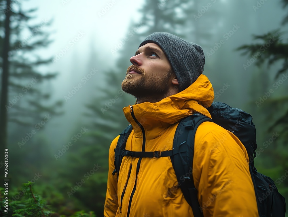 Hiker breathing deeply in a fogcovered forest, in mindful, protective clothing, Mindful forest trek, sustainable adventure wear Hiker breathing deeply in a fogcovered forest, in mindful, protective clothing, Mindful forest trek, sustainable adventure wear