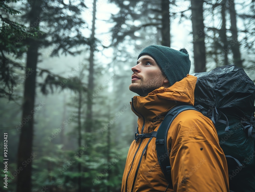 Hiker breathing deeply in a fogcovered forest, in mindful, protective clothing, Mindful forest trek, sustainable adventure wear Hiker breathing deeply in a fogcovered forest, in mindful, protective clothing, Mindful forest trek, sustainable adventure wear