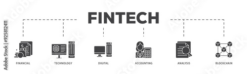 Fintech icon infographic illustration concept with icon of financial, technology, digital, accounting, analysis and blockchain icon live stroke and easy to edit 