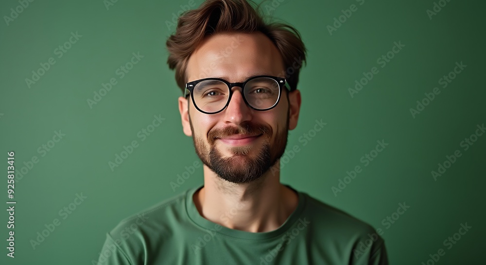 Smiling man with glasses, green background, versatile for marketing, celebrates Hispanic Heritage Month, evokes positivity, warmth, copy space available. Smiling man with glasses, green background, versatile for marketing, celebrates Hispanic Heritage Month, evokes positivity, warmth, copy space available.