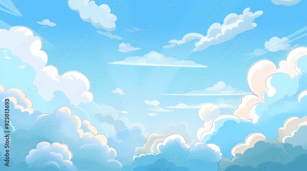 Blue sky with clouds. Anime style background with shining sun and white fluffy clouds. Sunny day sky scene cartoon vector illustration. Blue sky with clouds. Anime style background with shining sun and white fluffy clouds. Sunny day sky scene cartoon vector illustration.