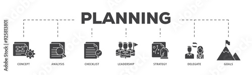 Planning icon infographic illustration concept with icon of concept, analysis, checklist, leadership, strategy, delegate and goals icon live stroke and easy to edit 