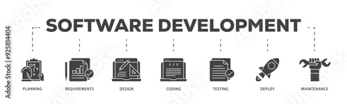 Software development icon infographic illustration concept with icon of planning, requirements, design, coding, testing, deploy and maintenance icon live stroke and easy to edit 