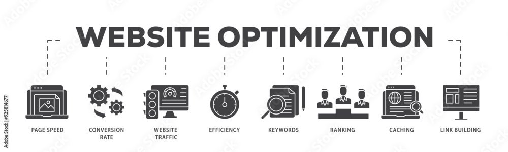 Website optimization icon infographic illustration concept with icon of page speed, conversion rate, website traffic, efficiency, keywords, ranking, caching icon live stroke and easy to edit Website optimization icon infographic illustration concept with icon of page speed, conversion rate, website traffic, efficiency, keywords, ranking, caching icon live stroke and easy to edit