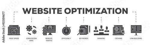 Website optimization icon infographic illustration concept with icon of page speed, conversion rate, website traffic, efficiency, keywords, ranking, caching  icon live stroke and easy to edit 