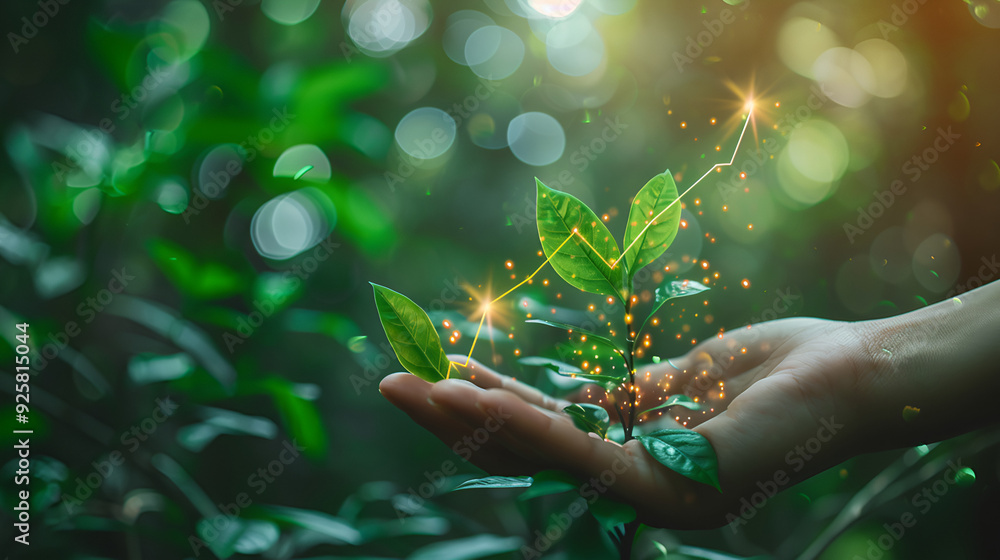 Fototapeta premium Concept of renewable energy Environmental protection or Earth Day Hands assist safeguard the world by guarding ground-based forests.