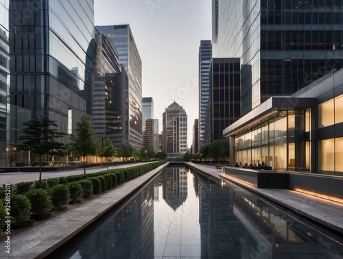 Urban Reflection - Water Feature Between Modern Skyscrapers