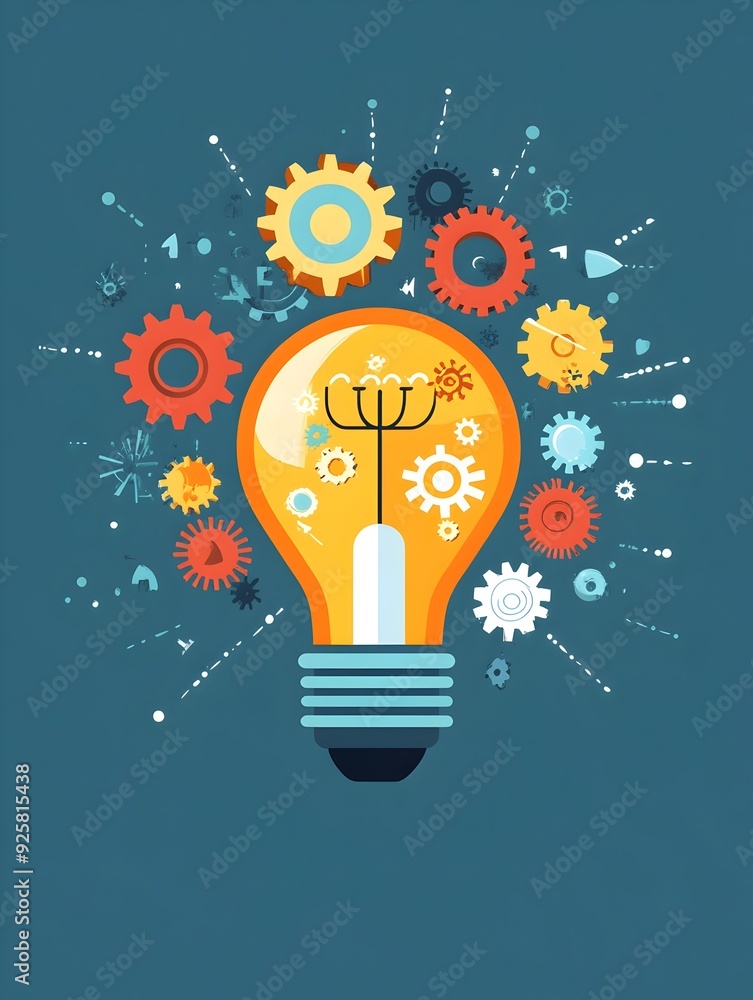 Innovative Brainstorming Concept with Glowing Light Bulb and Colorful Gears Innovative Brainstorming Concept with Glowing Light Bulb and Colorful Gears