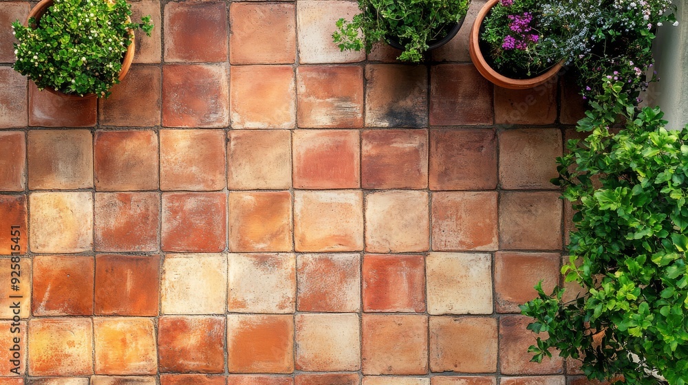 Fototapeta premium Top view of rustic terracotta tiles with uneven edges, arranged in a diagonal pattern on an outdoor patio