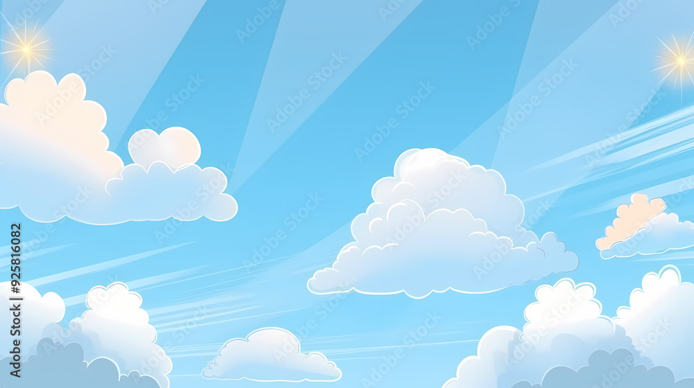 Blue sky with clouds. Anime style background with shining sun and white fluffy clouds. Sunny day sky scene cartoon vector illustration. Blue sky with clouds. Anime style background with shining sun and white fluffy clouds. Sunny day sky scene cartoon vector illustration.