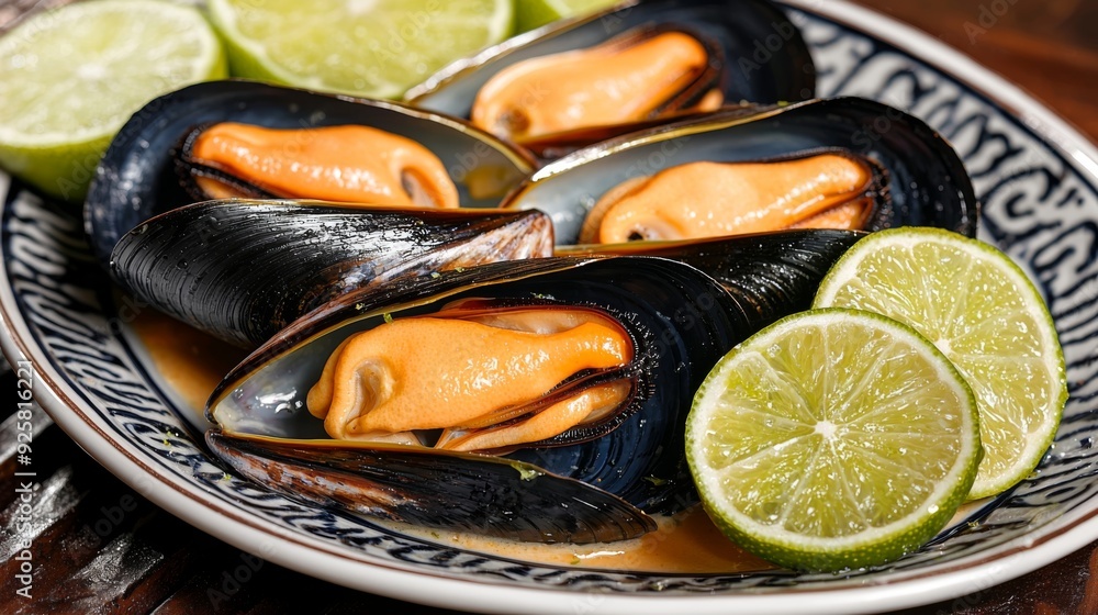 Fresh mussels served on a luxurious plate, elegantly presented with lime wedges on the side, the mussels’ shells shiny and open, revealing succulent seafood inside, arranged in a sophisticated manner Fresh mussels served on a luxurious plate, elegantly presented with lime wedges on the side, the mussels’ shells shiny and open, revealing succulent seafood inside, arranged in a sophisticated manner