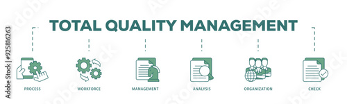 Total quality management icon infographic illustration concept with icon of process, workforce, management, analysis, organization and check icon live stroke and easy to edit 